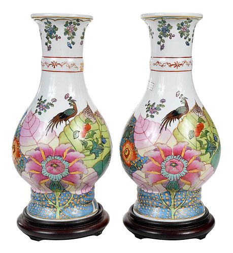 Pair of Chinese Export Style Tobacco Leaf Porcelain Vases