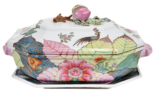 Chinese Export Style Tobacco Leaf Porcelain Tureen and Undertray