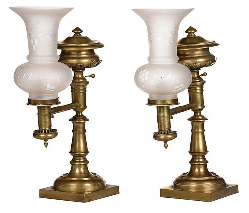 Pair of Brass Argand Lamps with Shades