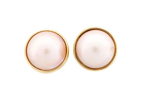 Pair 14k Yellow Gold and Pink Pearl Earrings