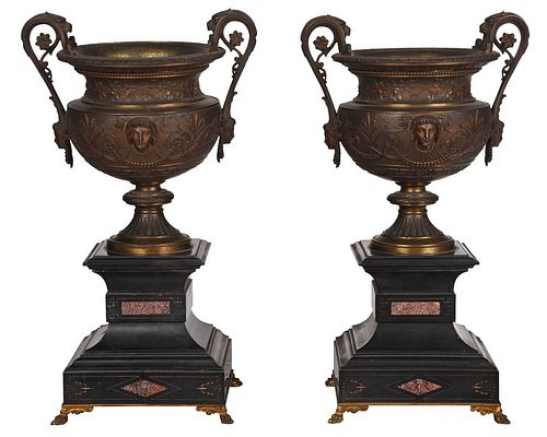 Pair of Continental Patinated Bronze Urns