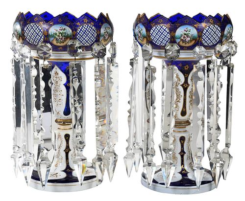 Pair of Bohemian Cobalt and White Glass Lusters