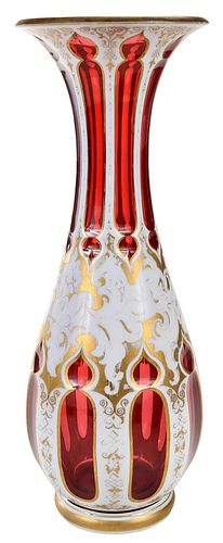 Bohemian Cranberry Glass and Gilt Vase