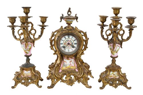 French Sevres Style Porcelain Mounted Clock Garniture