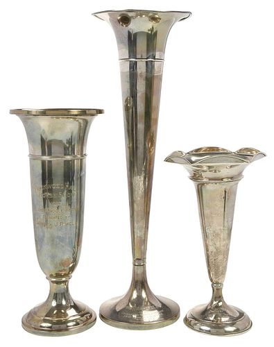 Three Sterling Trumpet Trophy Vases