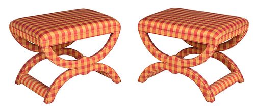 Pair Modern Plaid Upholstered Footstools