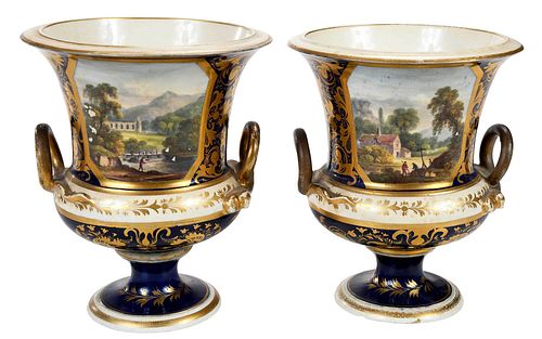 Pair of Hand Painted Royal Crown Derby Porcelain Urns