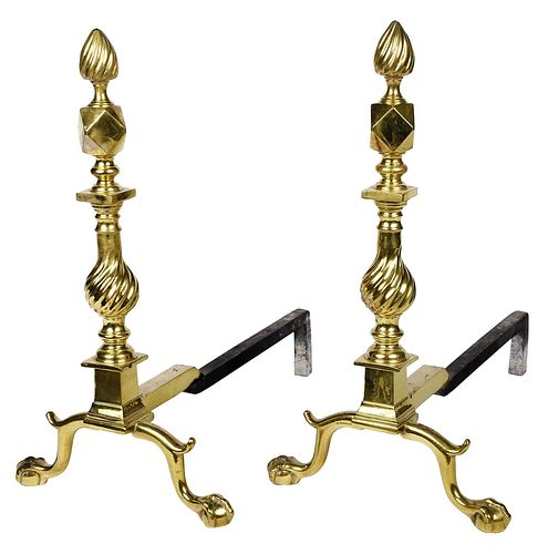 Pair of Chippendale Style Brass and Wrought Iron Andirons
