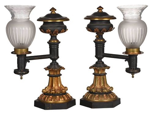 Pair of Ebonized Bronze and Gilt Argand Lamps