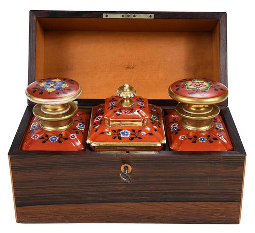 British Rosewood Tea Caddy with Porcelain Inserts