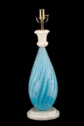 Seguso Style Blue Murano Glass & Marble Table Lamp