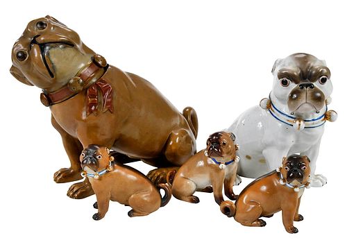 Group of Five Continental Painted Ceramic Pugs