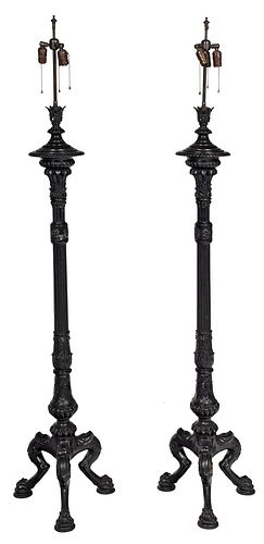 Pair of Black Painted Cast Iron Floor Lamps