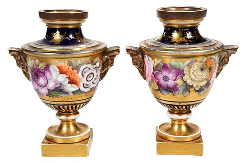 Pair of Cobalt and Gilt Porcelain Urns with Floral Decoration