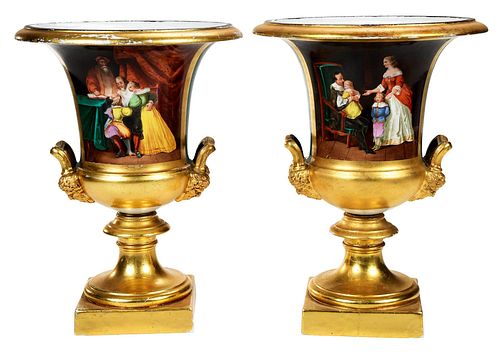 Pair of Gilt Decorated Porcelain Campagna Urns