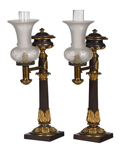 Pair of Gilt Bronze Argand Lamps with Shades