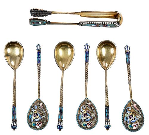 Seven Russian Silver and Enamel Spoons and Tongs