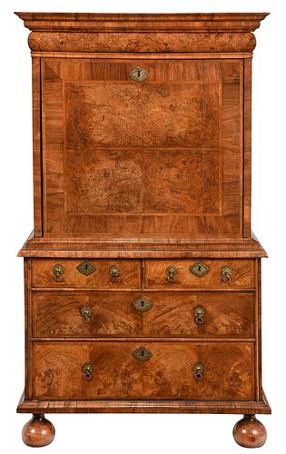 Fine William and Mary Burled and Figured Walnut Secretaire a Abattant