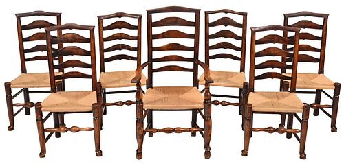 Set of Seven Lancashire Ladder Back Rush Seat Dining Chairs