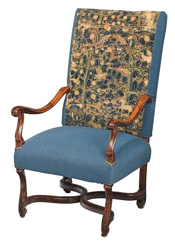 Continental Baroque Walnut Tapestry Upholstered Open Armchair