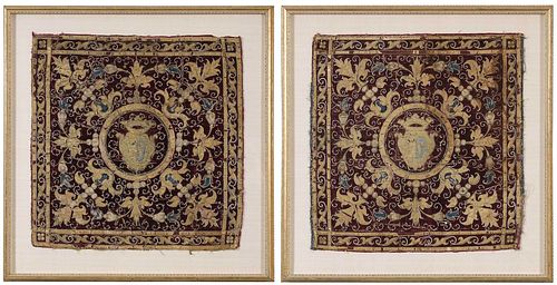 Pair of Framed Armorial Textile Panels