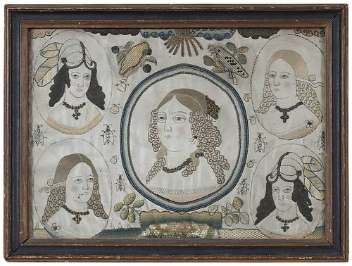 Early Silk Needlework Depicting Five British Woman