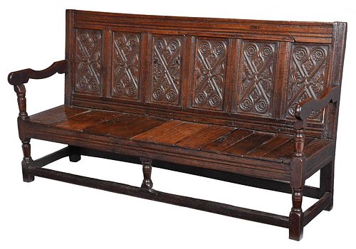 Early English Carved Oak Settle Bench