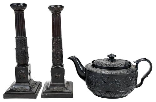Three British Black Neoclassical Ceramic Items