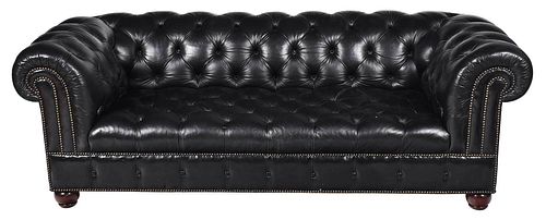 Tufted Black Leather Upholstered Sofa with Brass Tacking