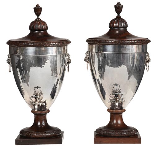 Pair of George III Mahogany Mounted English Silver Plate Wine Urns