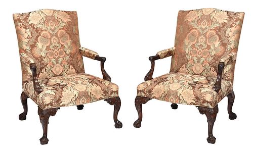 Fine Rare Pair George III Carved Mahogany Open Armchairs