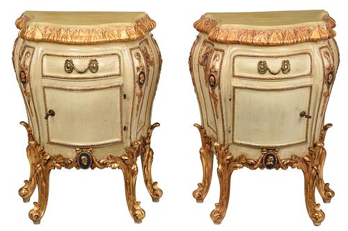 Pair of Venetian Baroque Style Painted and Gilt Bombe Bedside Tables