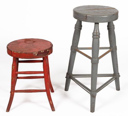 AMERICAN PAINTED WOODEN STOOLS, LOT OF TWO