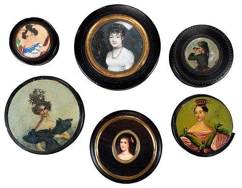 Group of Six Round Painted Snuff Boxes