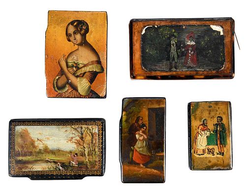 Group of Five Paint Decorated Miniature Boxes