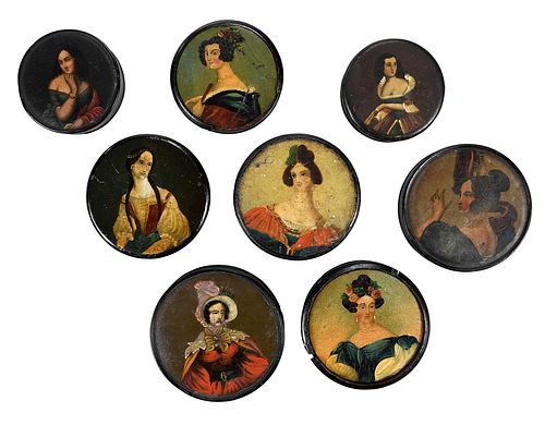 Eight Black Lacquered Snuff Boxes with Portraits of Ladies