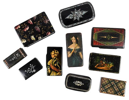 Ten Black Lacquered Snuff Boxes / Painted 
