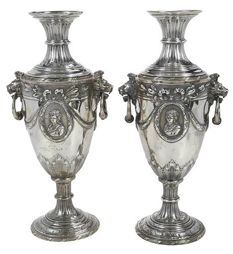 Pair Continental Silver Urns 