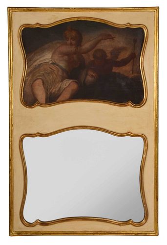 Continental Baroque Gilt and Painted Trumeau Mirror
