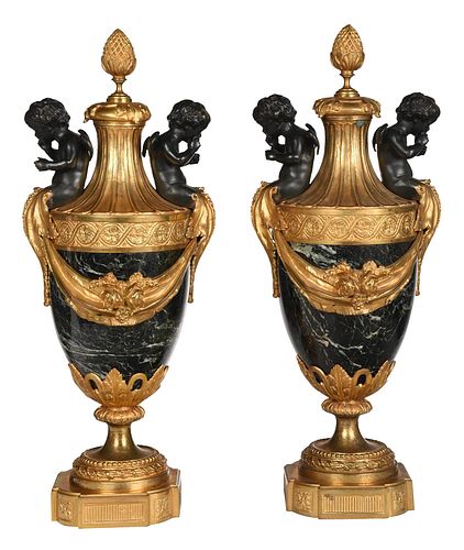 Pair of French Louis XV Style Marble Gilt Bronze Urns