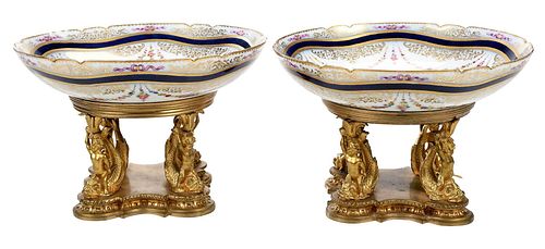 Pair of Sevres Style Gilt Bronze Mounted Porcelain Tazze