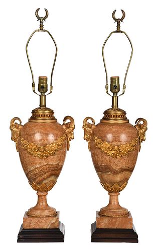 Pair of French Louis XV Style Marble Lamps with Bronze Mounts