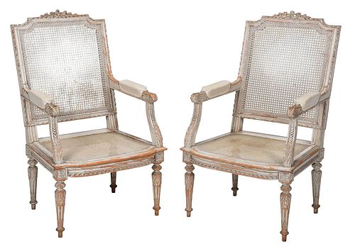Pair of Louis XVI Style Paint Decorated Caned Open Armchairs