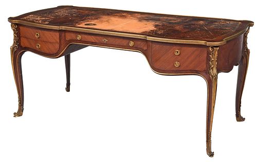 Louis XV Style Parquetry Bronze and Leather Mounted Bureau Plat