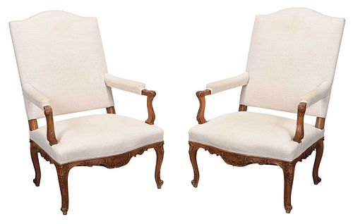 Pair Provincial Regence Style Carved Beechwood Open Armchairs