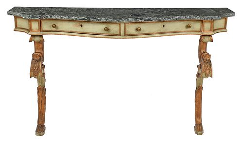 Italian Baroque Style Carved, Painted, Parcel Gilt Console Table
