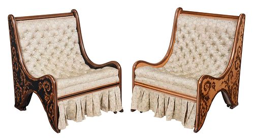 Fine Rare Pair Marquetry Inlaid Tufted Upholstered Chairs