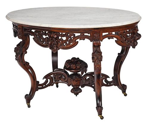 American Rococo Revival Carved Laminated Rosewood Marble Top Center Table