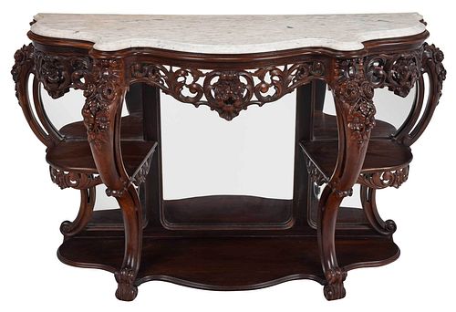 American Rococo Carved Laminated Rosewood Marble Top Console Table