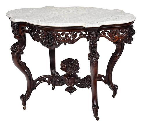 American Rococo Revival Carved Rosewood Turtle Top Center Table